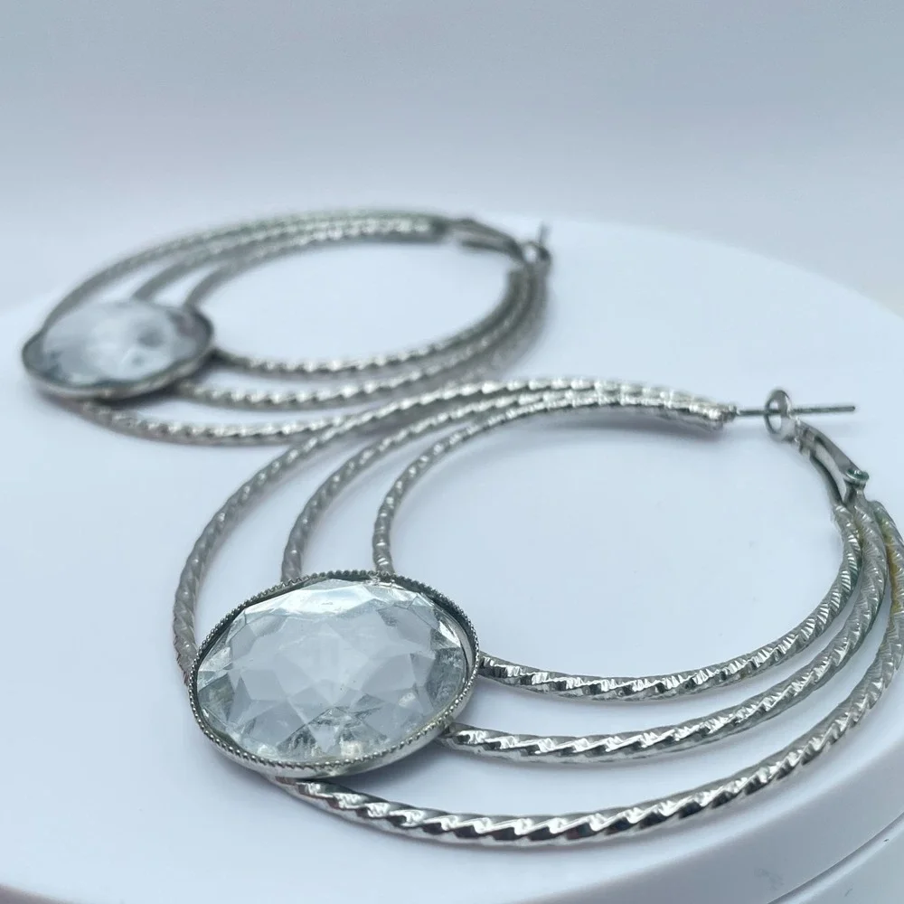 Vintage 80s Silver Tone Triple Hoop Earrings Clear Glass Women's Classic Jewelry